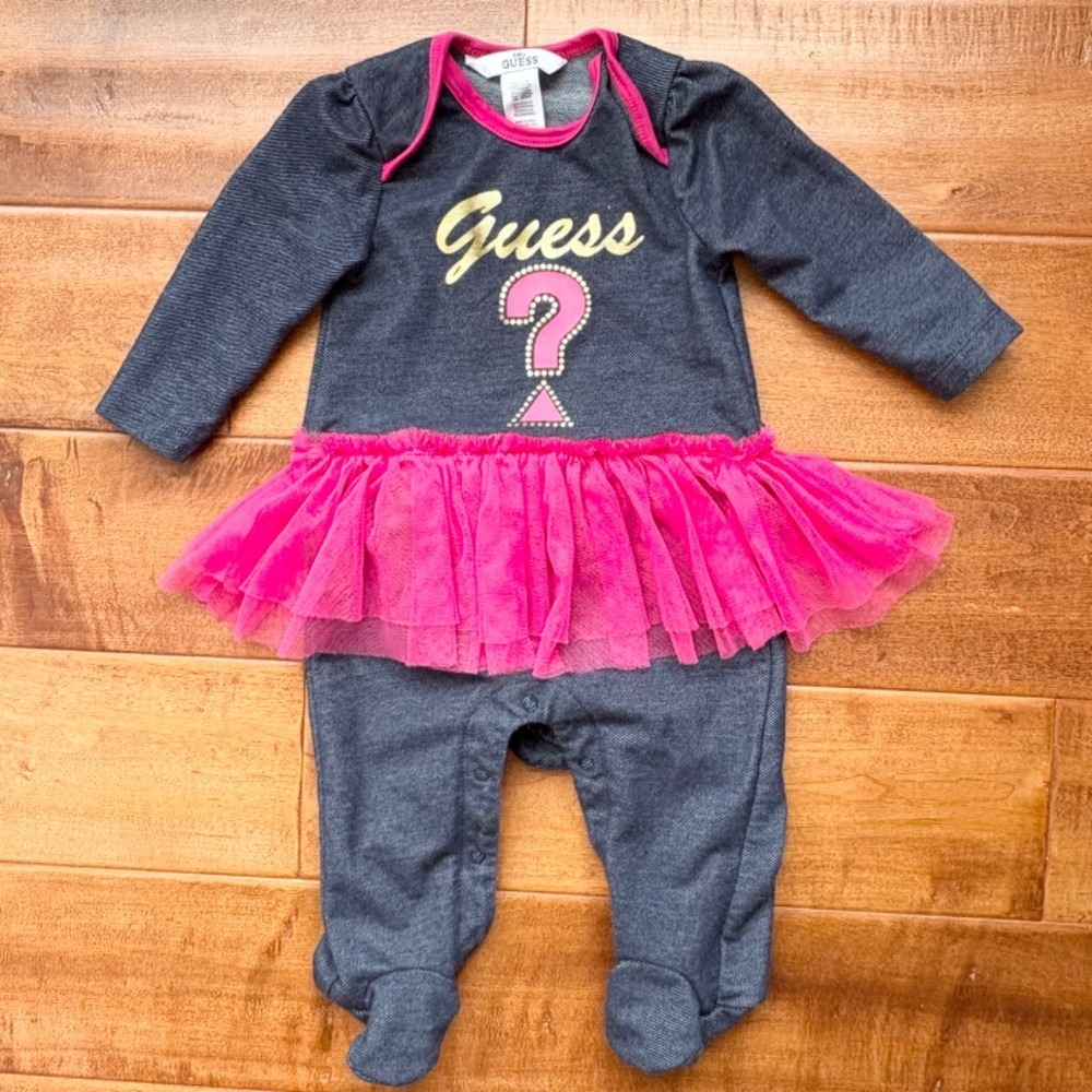 Guess Romper Tutu‎ Denim Look Logo Long Sleeve Girls 3-6M Blue Pink